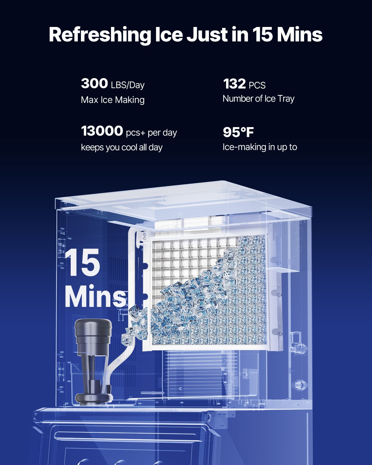Commercial Ice Maker Machine 300Lbs/24H with Stainless Steel Bin & Touchscreen
