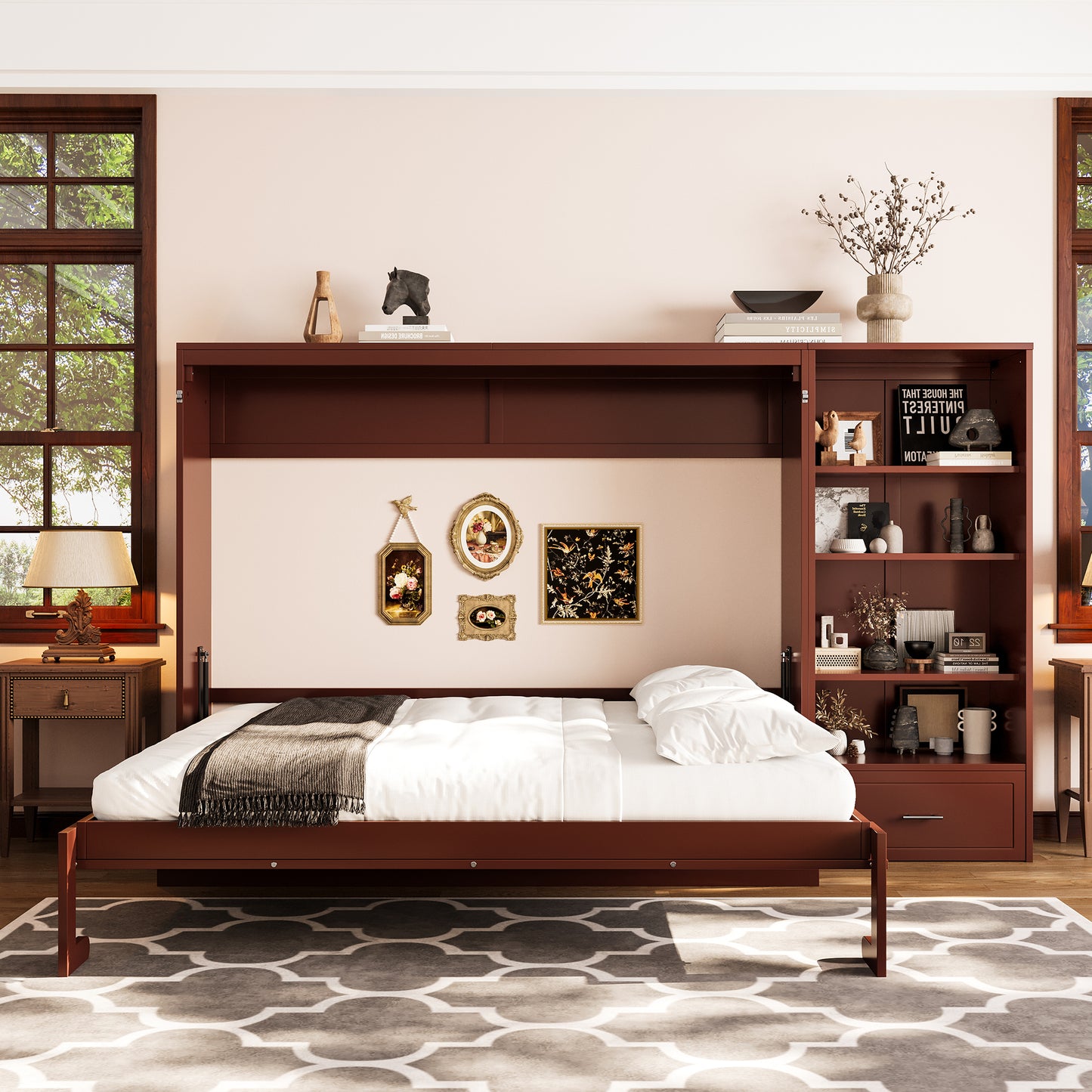 Queen Size Murphy Bed With Height Adjustable Storage Compartments And