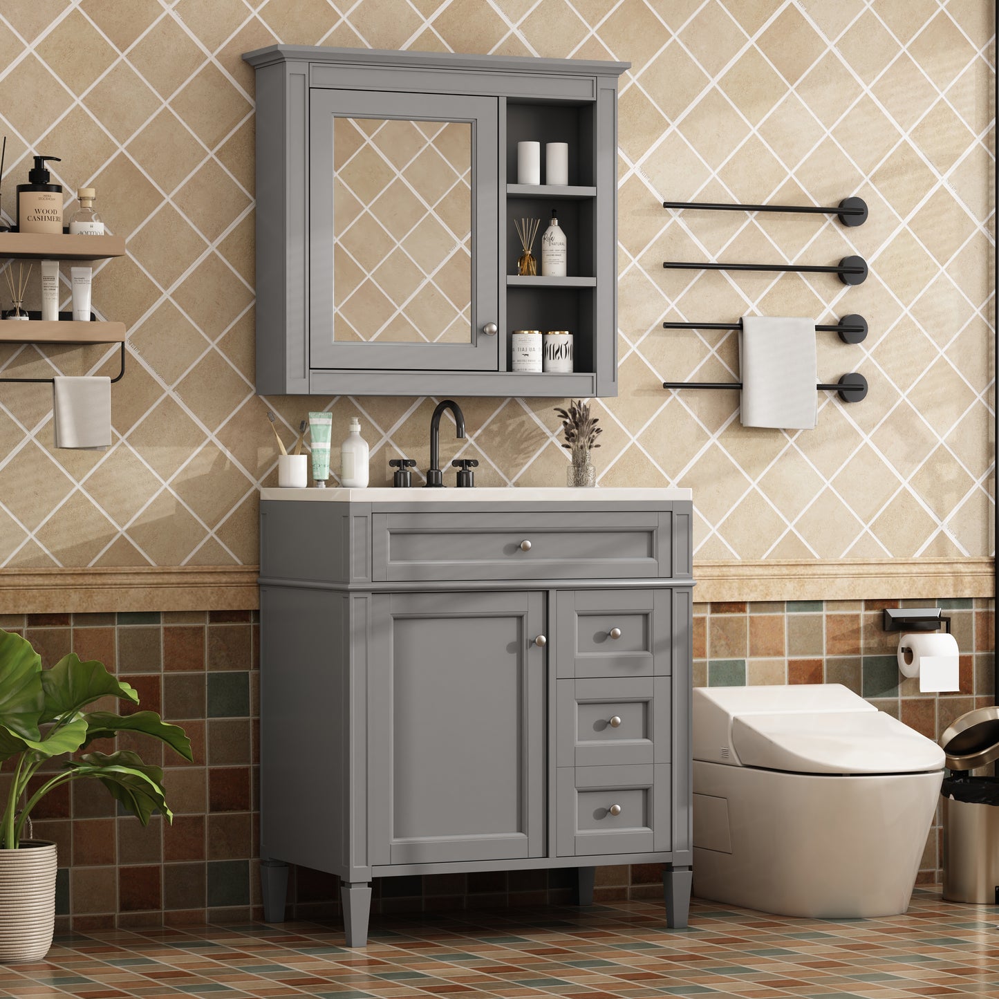 30 Bathroom Vanity With Top Sink, Modern Storage Cabinet 2 Drawers