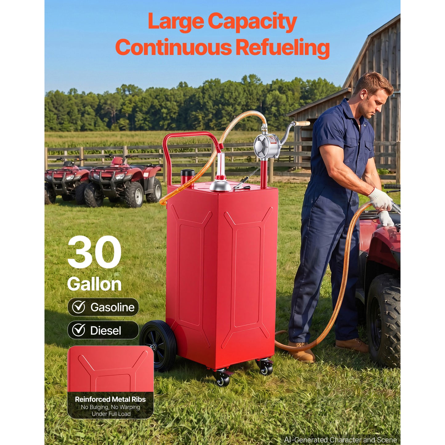 30 Gallon Fuel Gas Caddy with Manual Pump & Wheels - Portable Gasoline Diesel Tank
