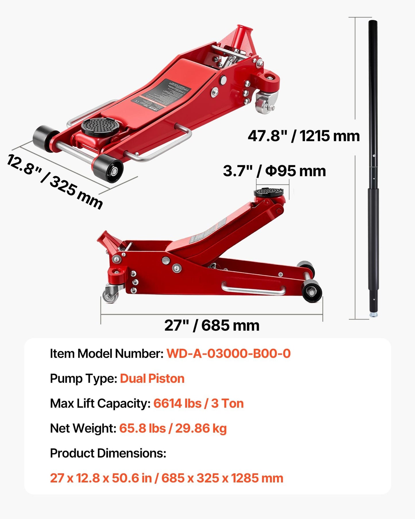 Low Profile 3 Ton Hydraulic Floor Jack for Cars SUVs Trucks - Aluminum Racing Trolley Lift