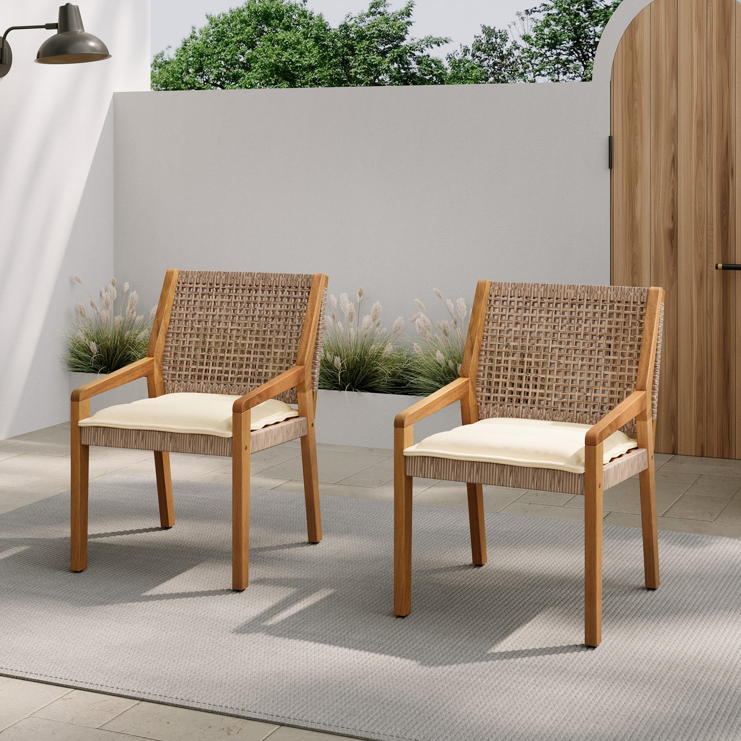 OUTDOOR DINING CHAIR -Acacia Wood & Wicker With Cream Cushion Patio