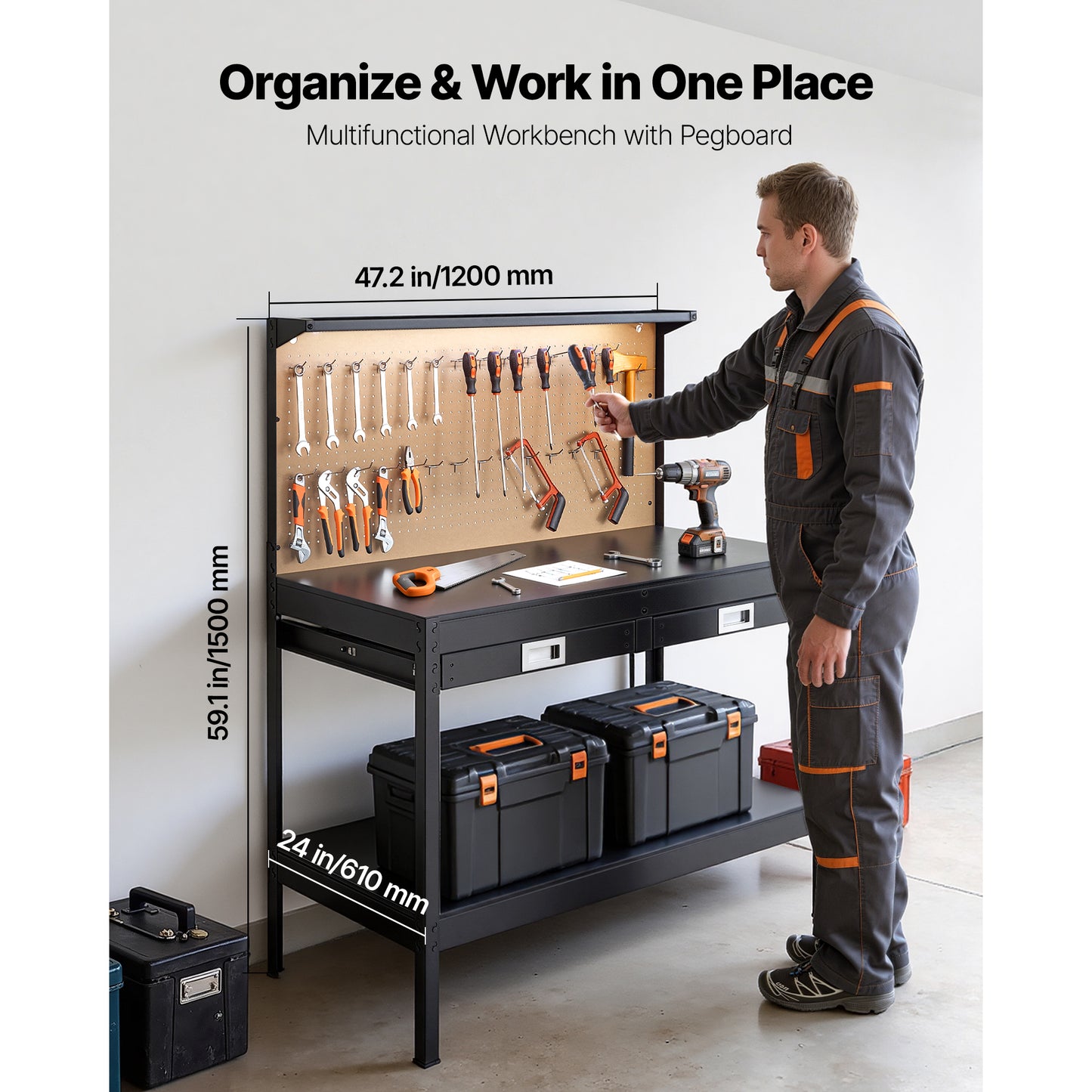 Heavy Duty Workbench with Pegboard, Outlets & USB Ports - 47.2 Inch Garage Work Table