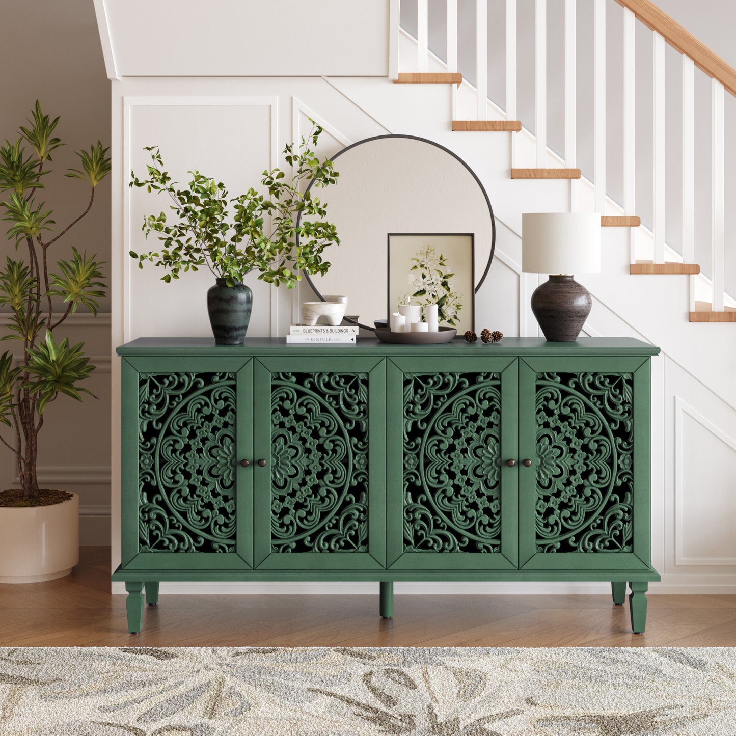 60" Antique Buffet Cabinet with Floral Carvings & Brass Handles - Antique Green