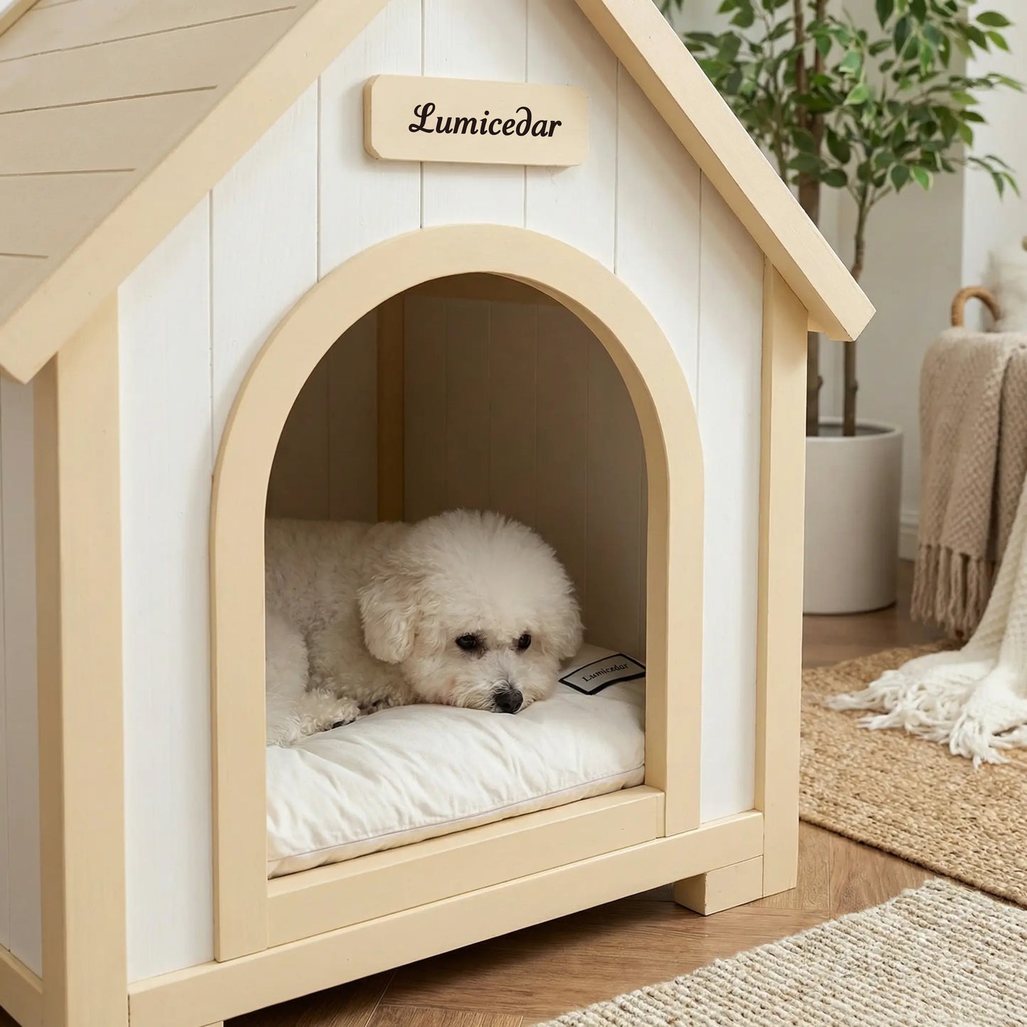 Indoor Wooden Dog House with EVA Cushion - Small Pet Shelter in Creamy White