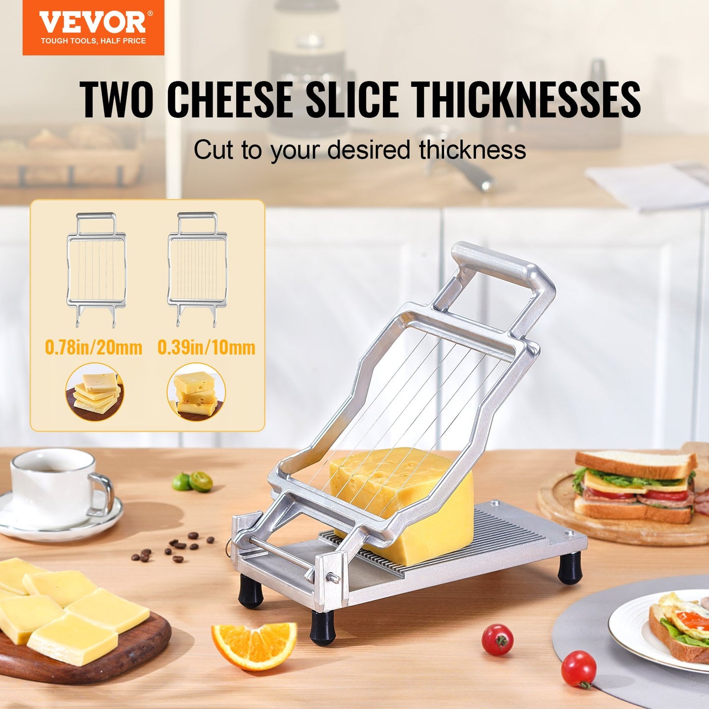 Cheese Slicer with Wire - Adjustable Thickness Cheese Cutter in Silver