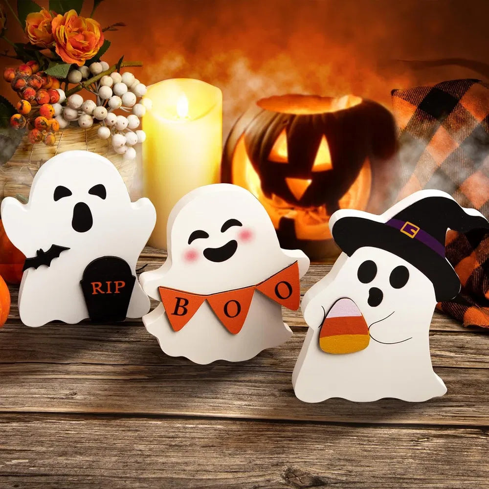 Cute Ghost Halloween Decorations Set - Wooden Signs for Tiered Tray