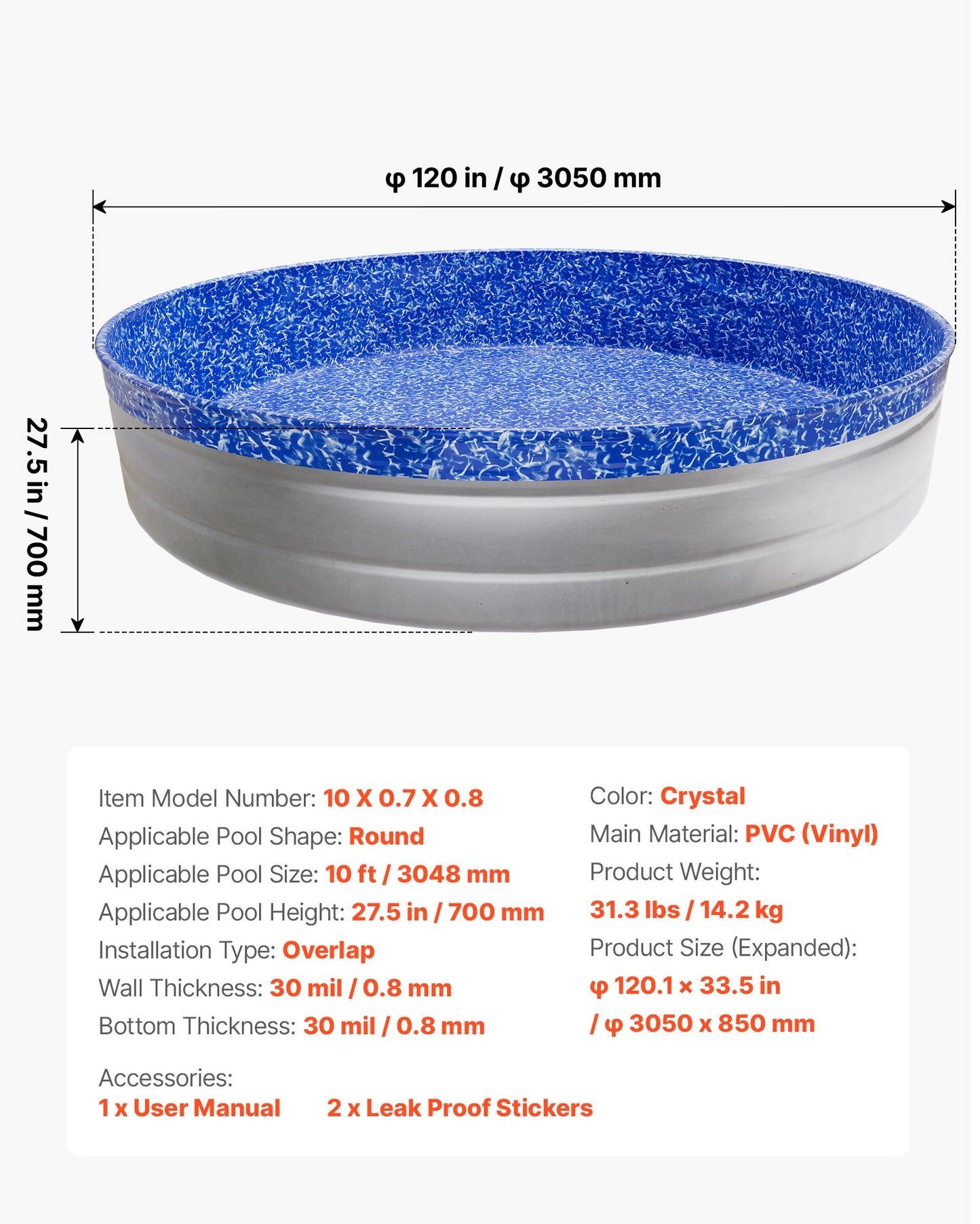 10ft Round Above-Ground Pool Liner - Heavy Gauge Vinyl, Easy Install, Leak-Proof Patches