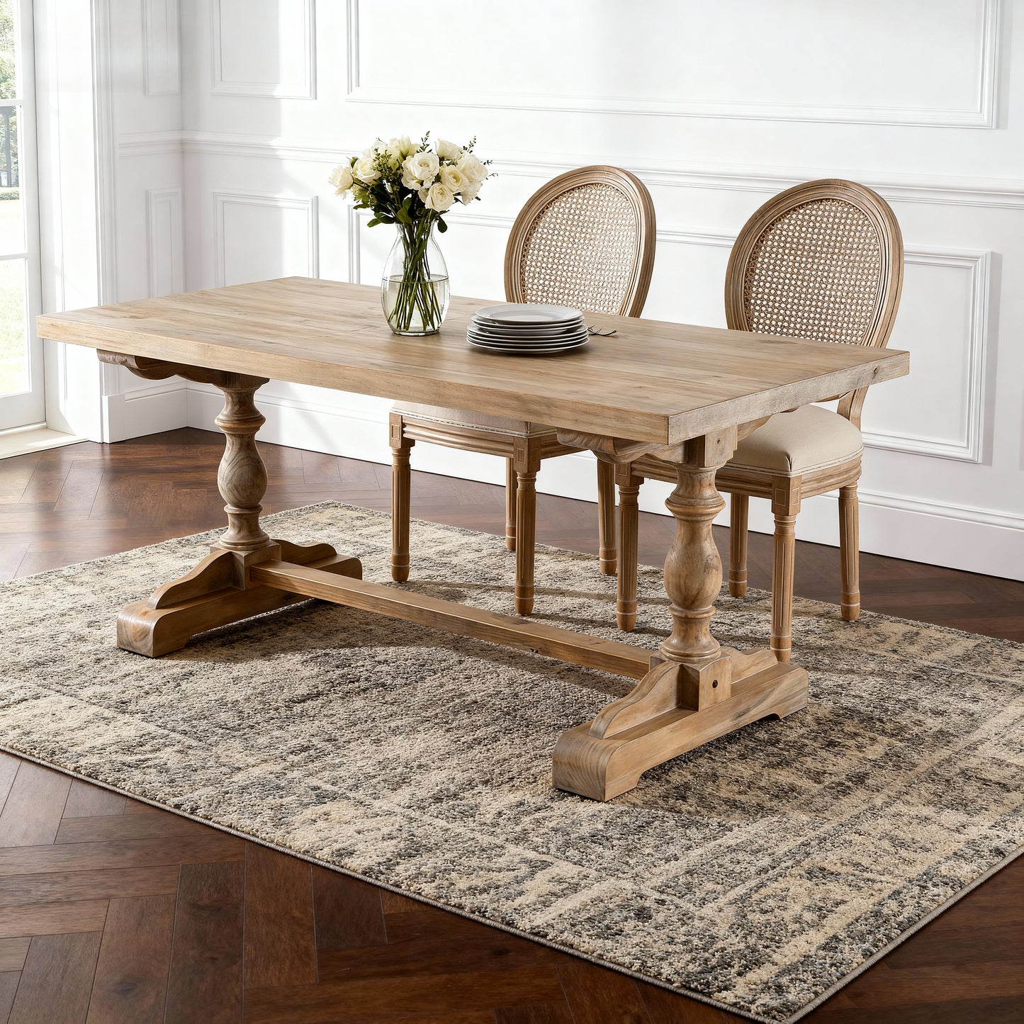 French Country Dining Chairs - Set of 2 Beige Wooden Frame