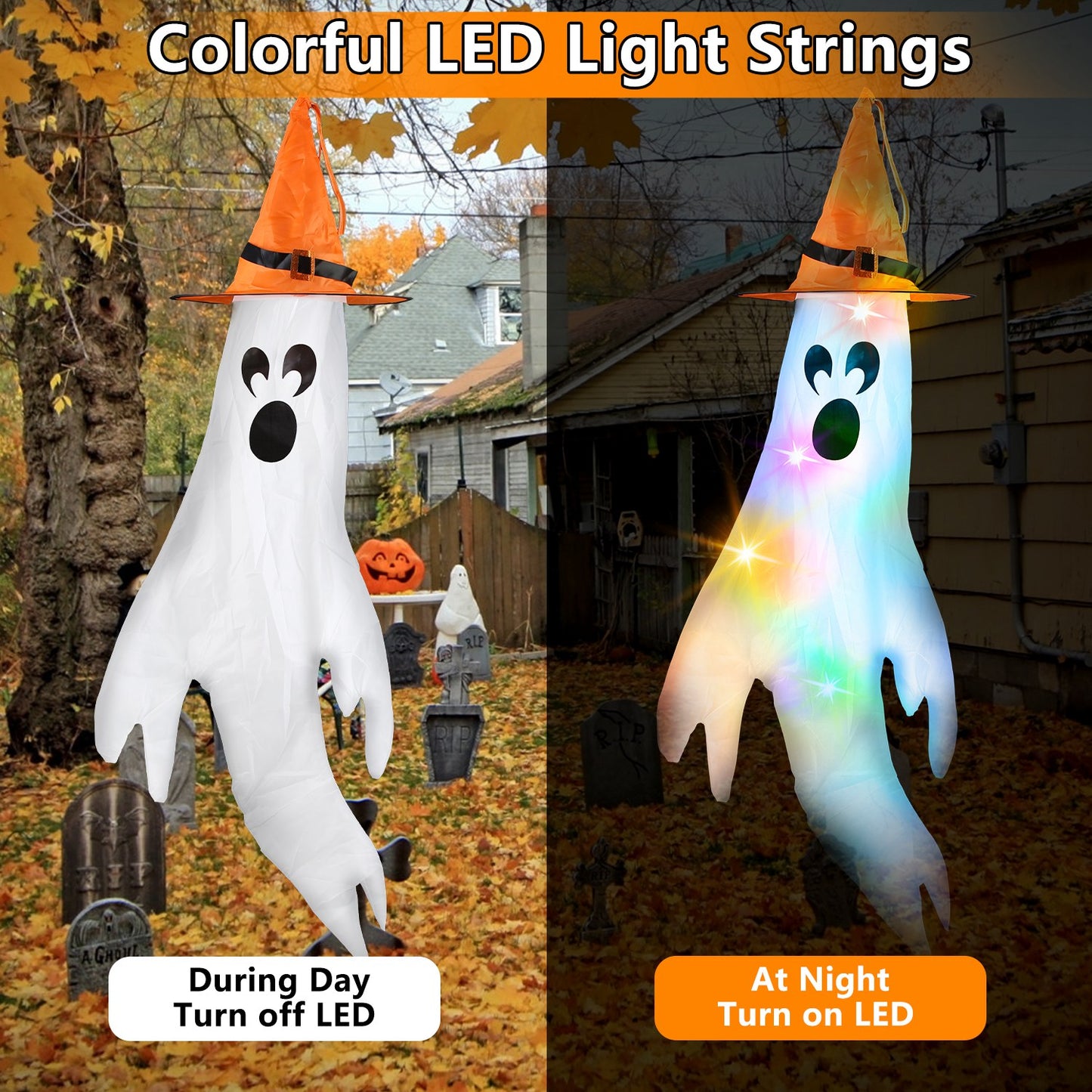 Halloween Ghost Windsocks Decoration Set with Colorful LED Lights - 4 Pcs