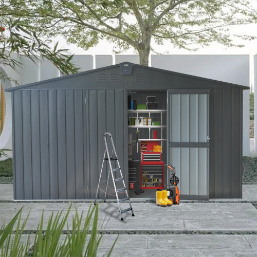 11x9 Metal Garden Storage Shed with Galvanized Steel Frame & Windows, Lockable Door - Dark Gray