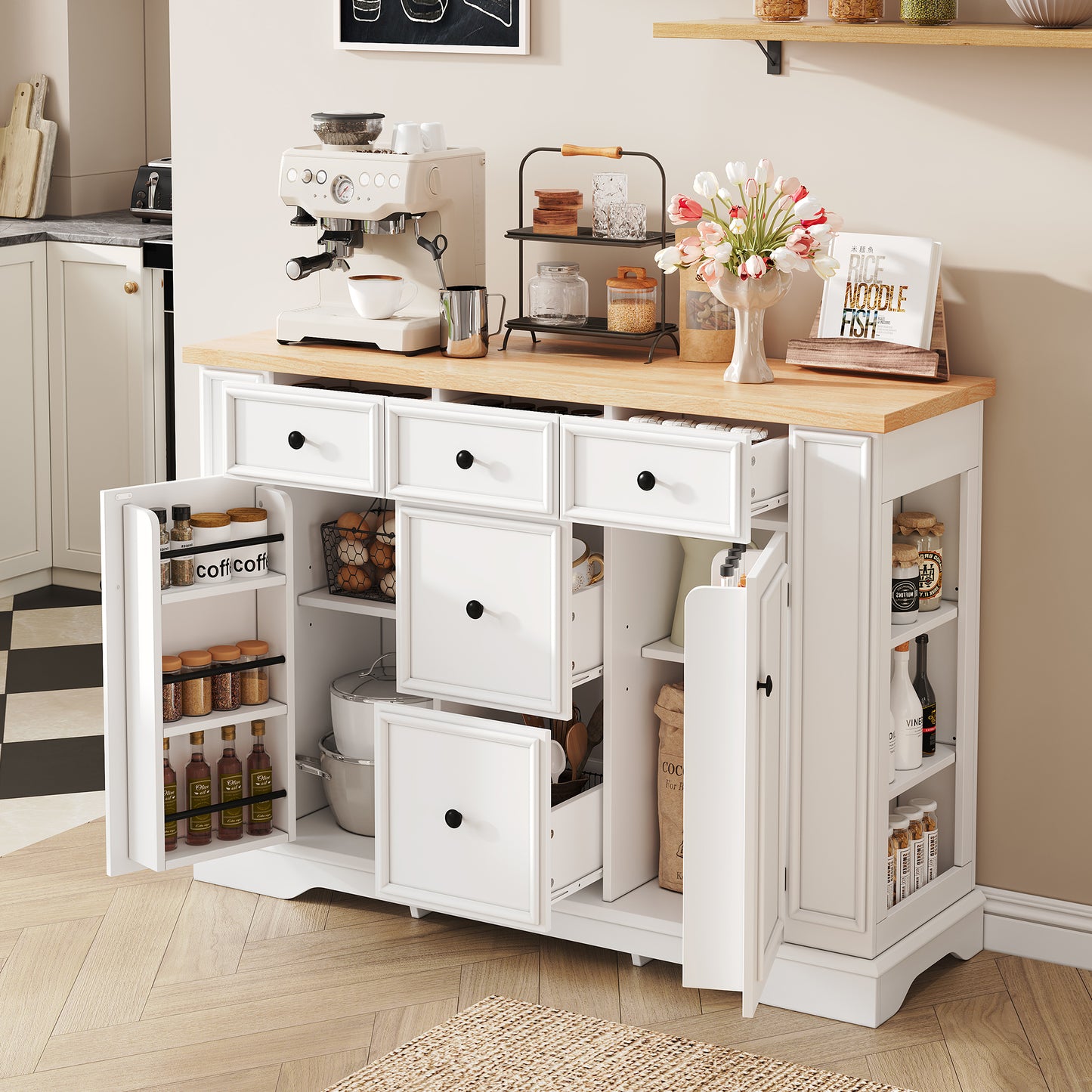 Sideboard Buffet Cabinet with 5 Drawers and 2 Cabinets - White