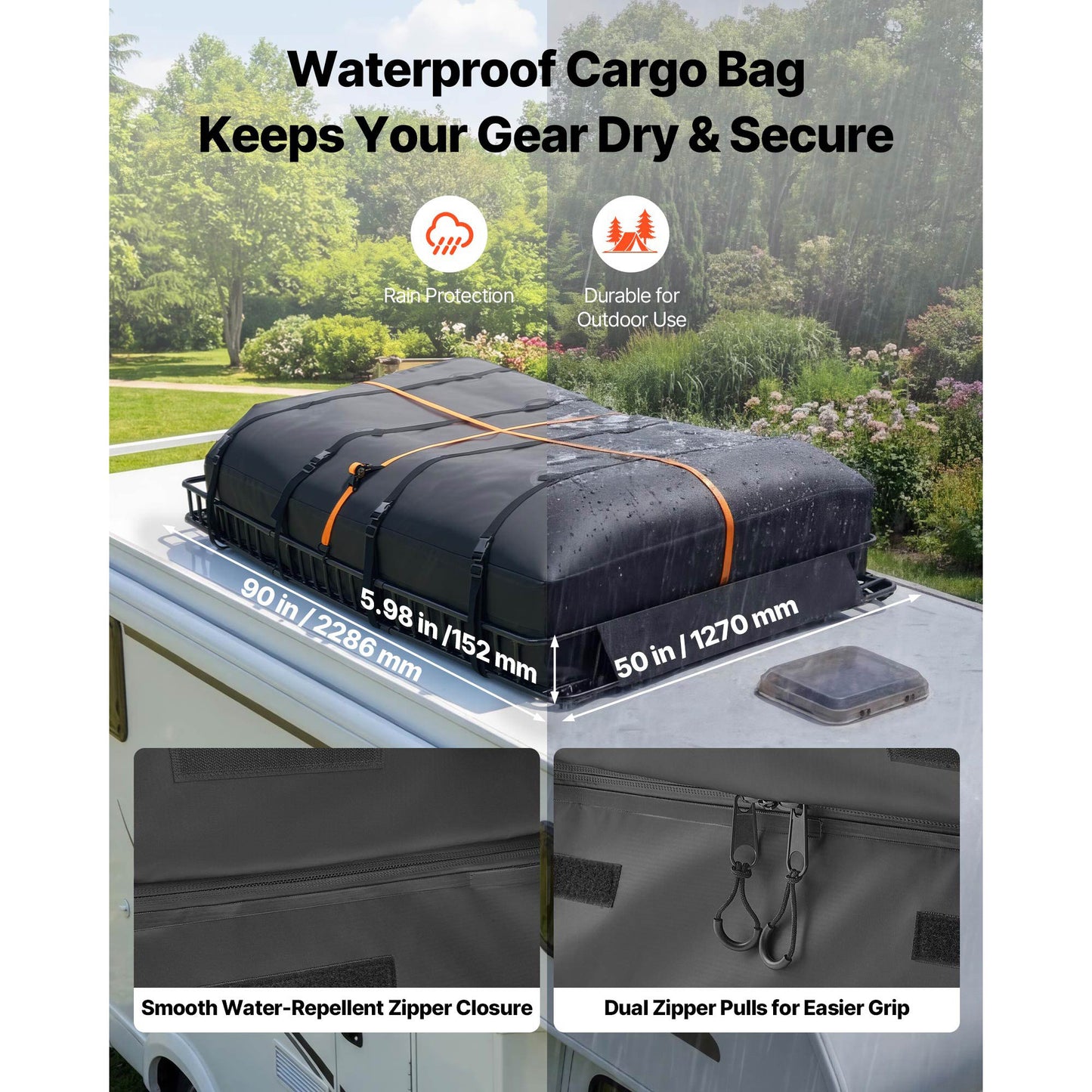Heavy Duty Roof Rack Cargo Basket 90x50x6in with Waterproof Bag & Ratchet Straps