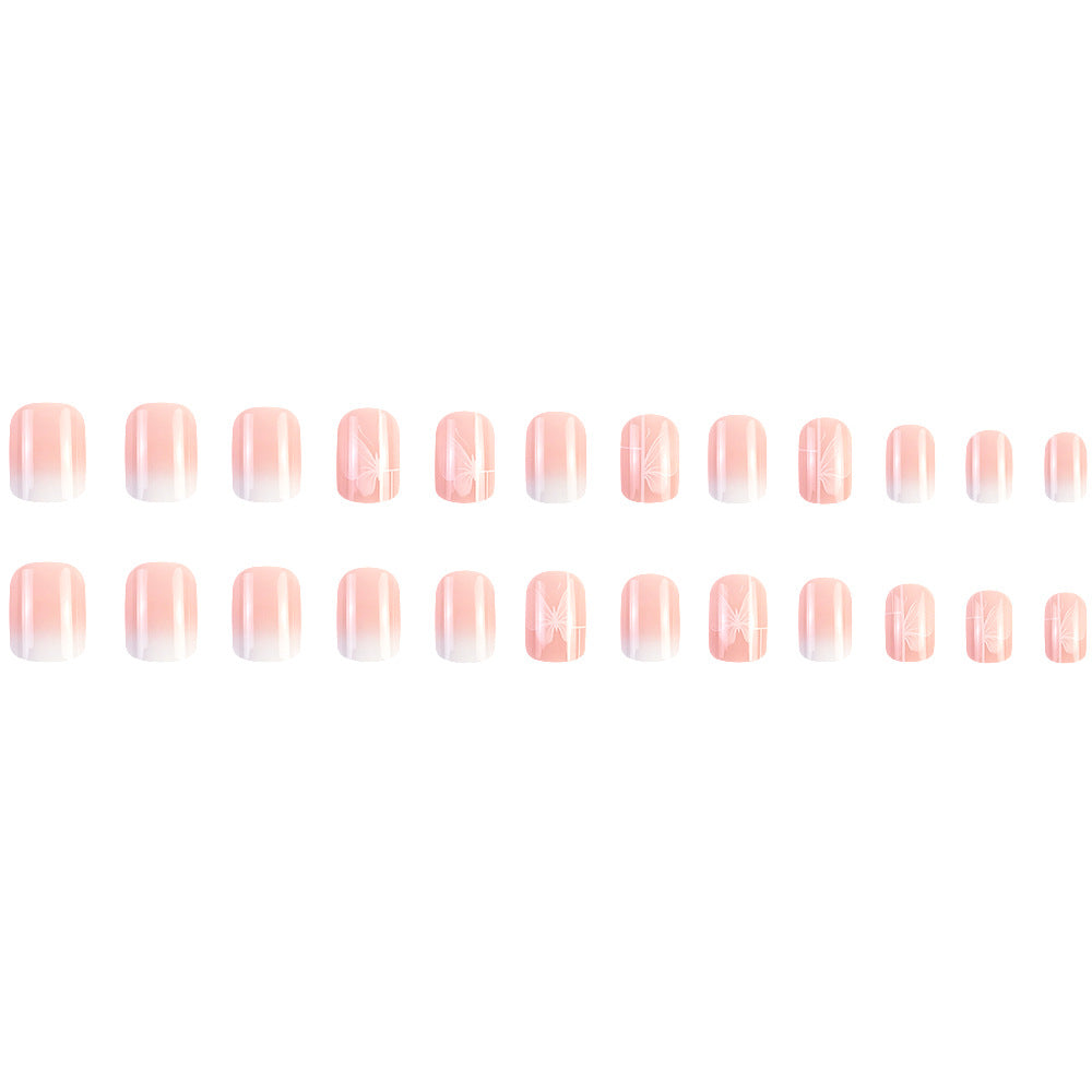 24-Piece Pink Jelly Nail Polish Set with Butterfly Gradient Art - Short Square Tips