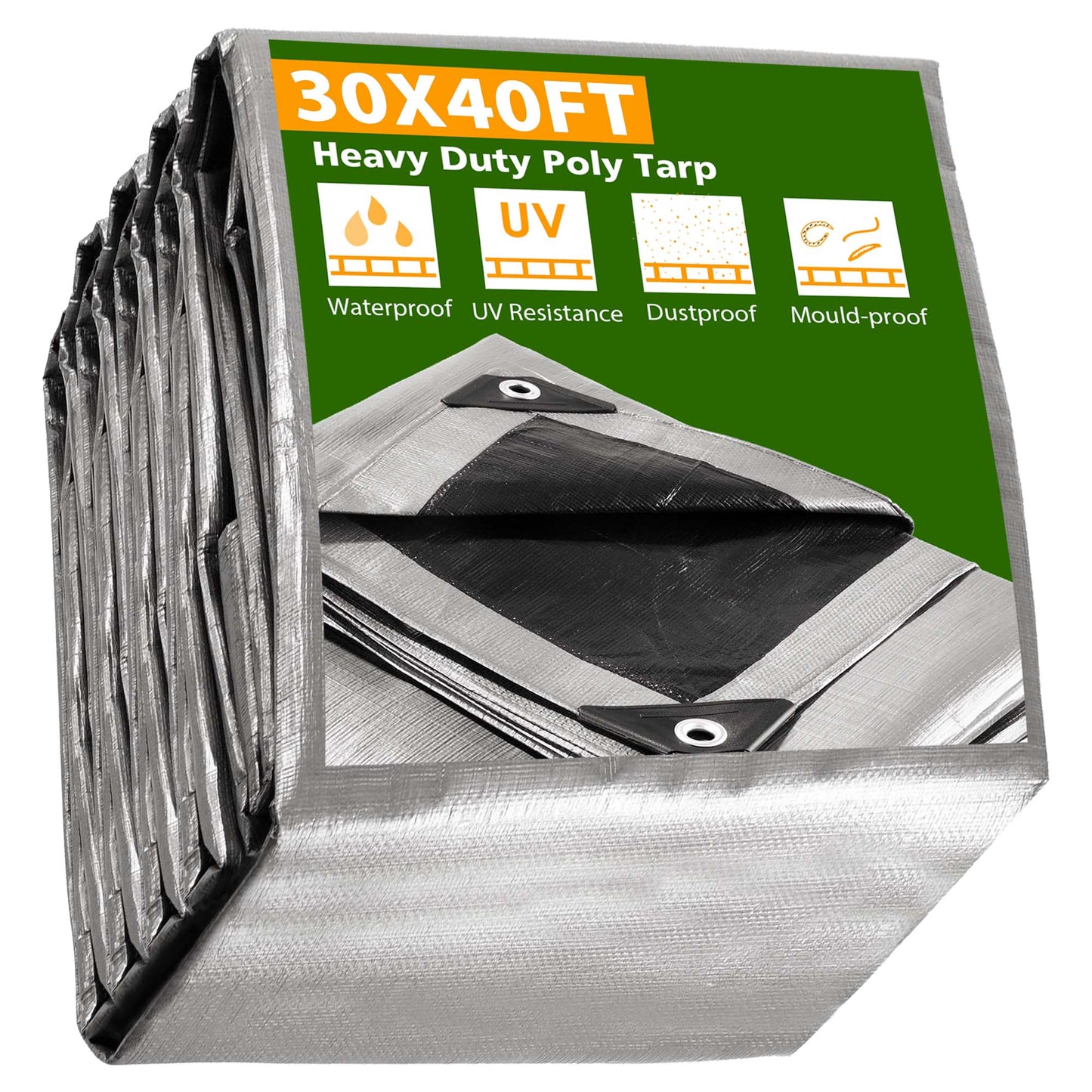 Heavy Duty Poly Tarp 30x40ft Waterproof UV-Resistant Silver Black Shelter Cover