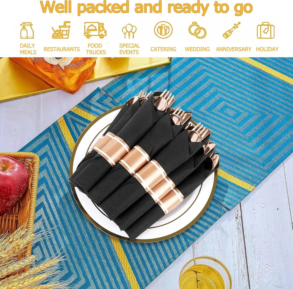 50 Pack Rose Gold Plastic Cutlery Set with Black Napkins - Wrapped