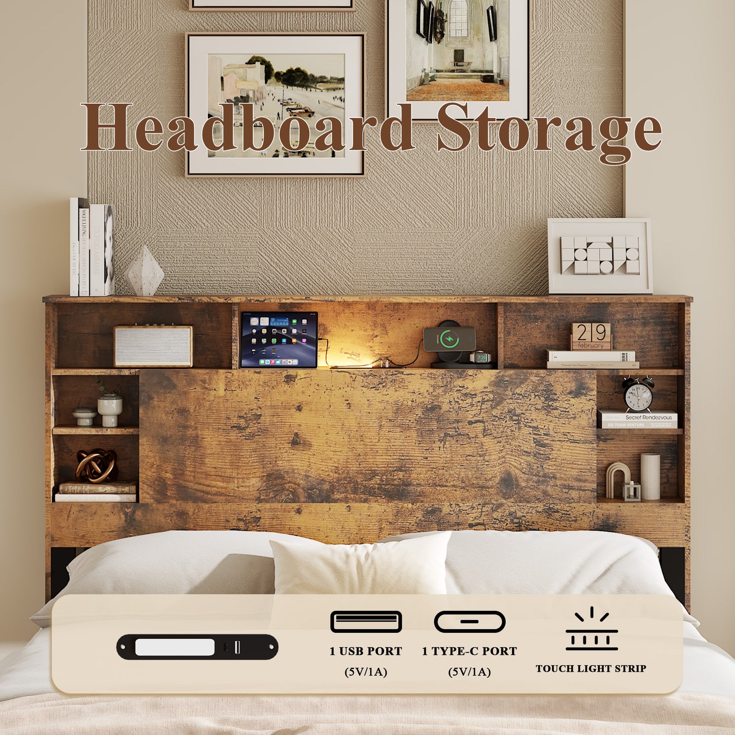 Full Wooden Platform Bed Frame with Bookcase Headboard & LED
