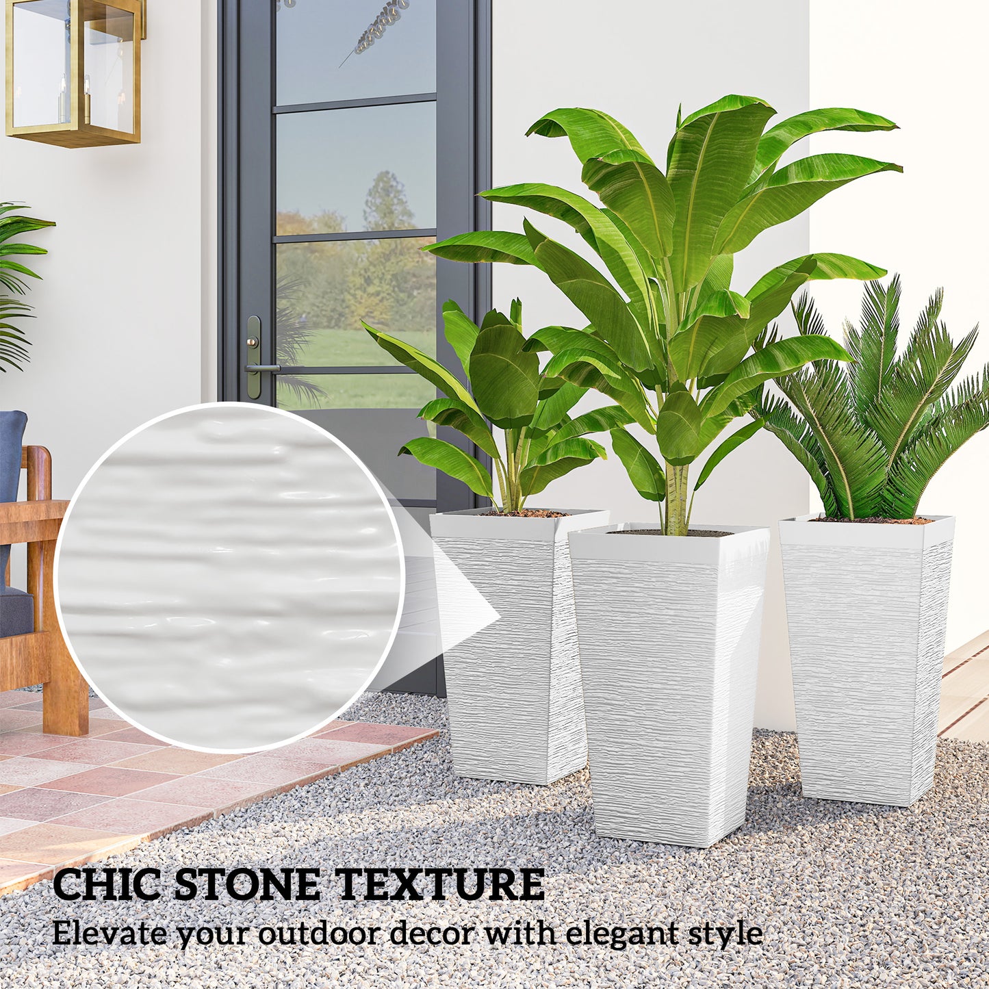 Set of 3 Outdoor Planting Pots with Wheels and Stone Finish - White, 22.8 Inch Tall