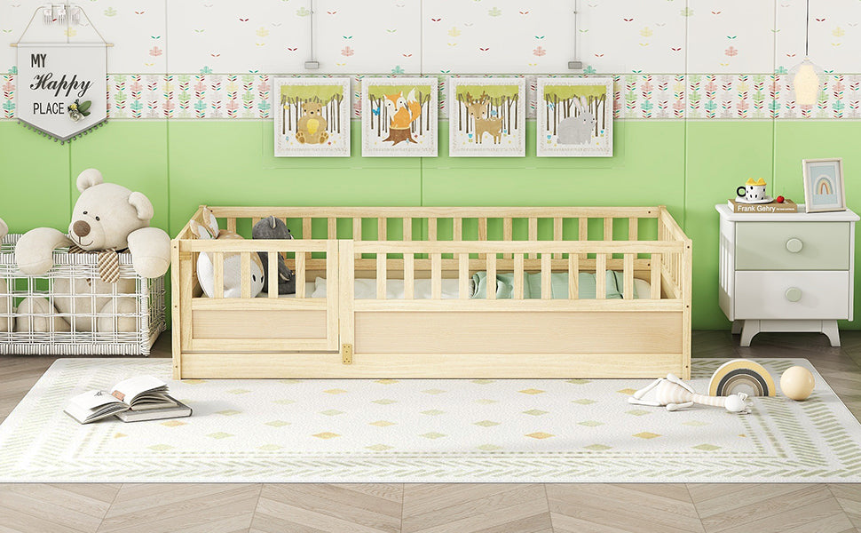 Twin Size Montessori Floor Bed Frame with Safety Barrier - Natural Wood
