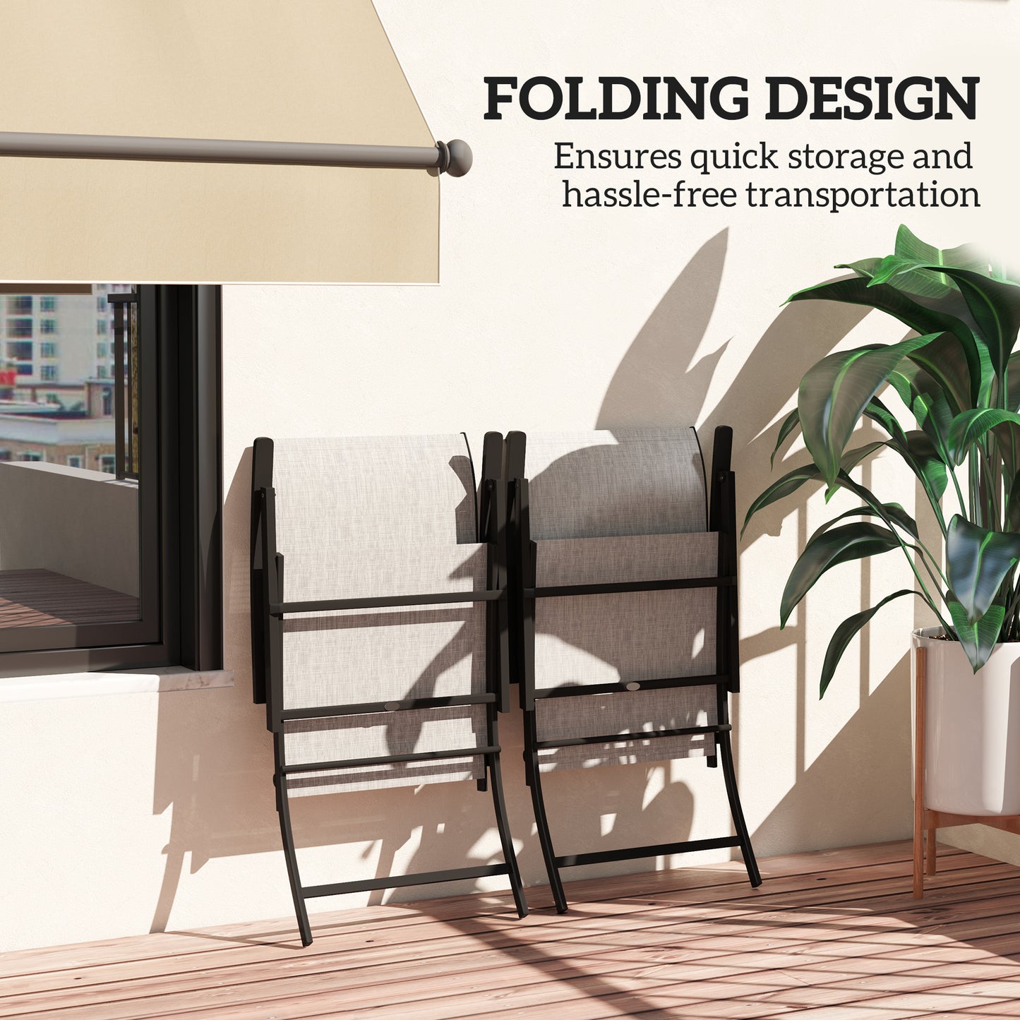 Set of 2 Folding Outdoor Dining Chairs - High Back & Armrests, Gray