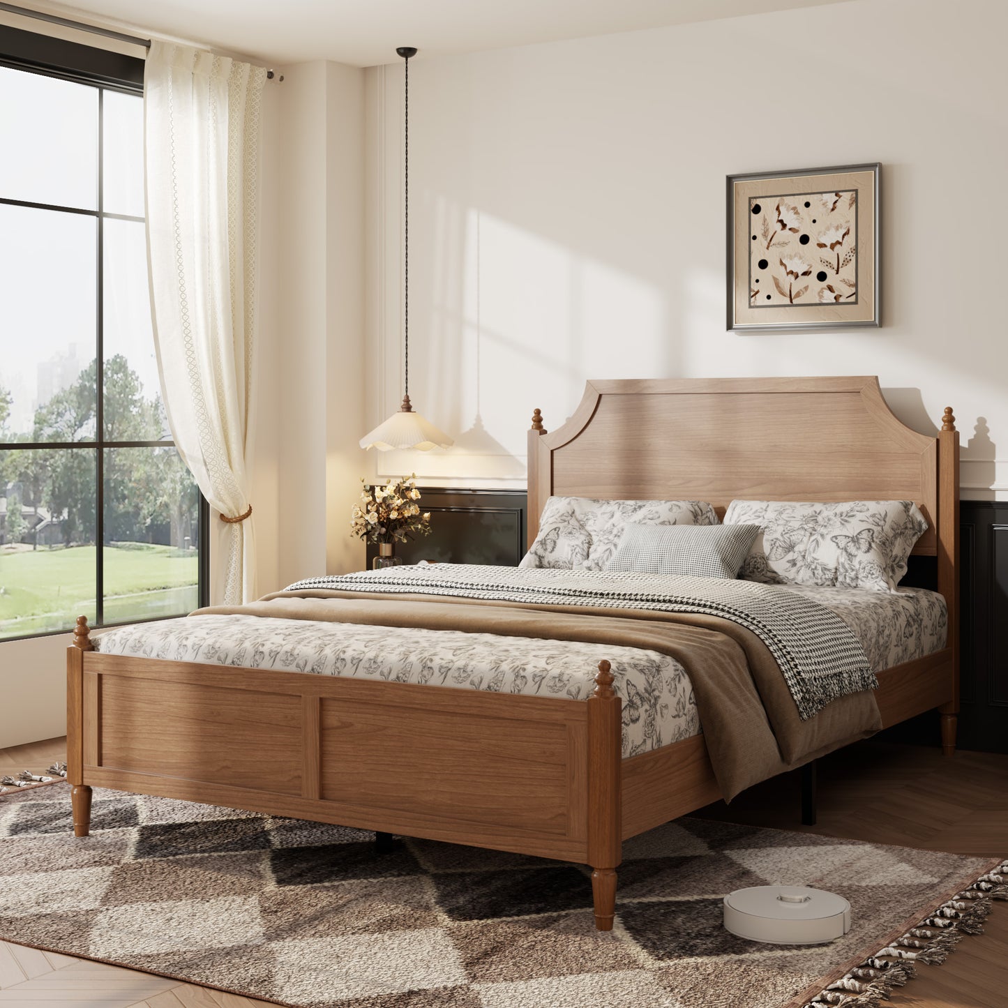 Full Farmhouse Platform Bed Frame with Headboard - Dark Brown