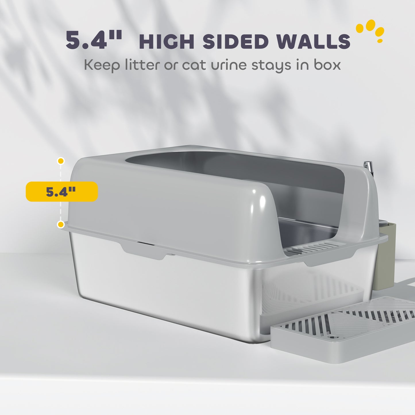 High Sided Stainless Steel Cat Litter Box with Scoop & Holder - Light Gray, 650x210x450mm