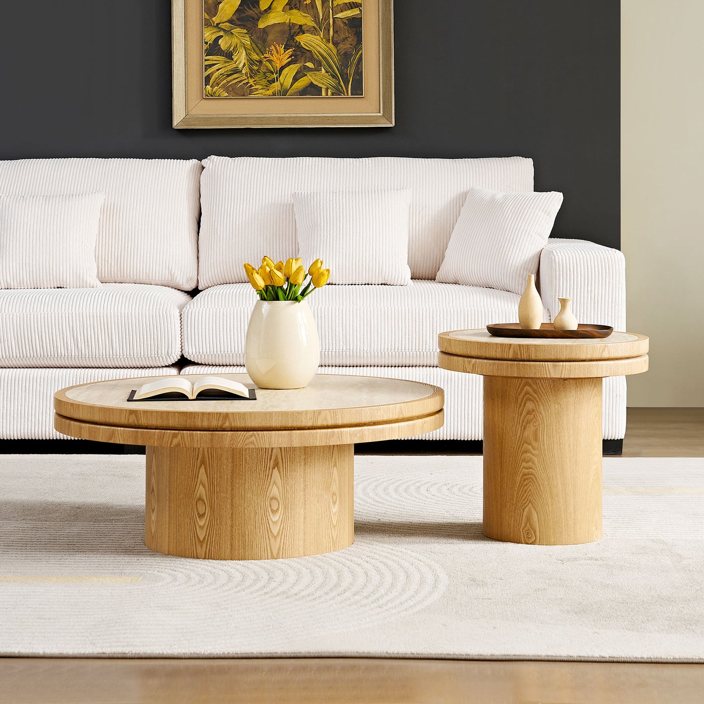 Round Coffee Table Set - 19.49" & 35.43" MDF with Sintered Stone Top - Natural