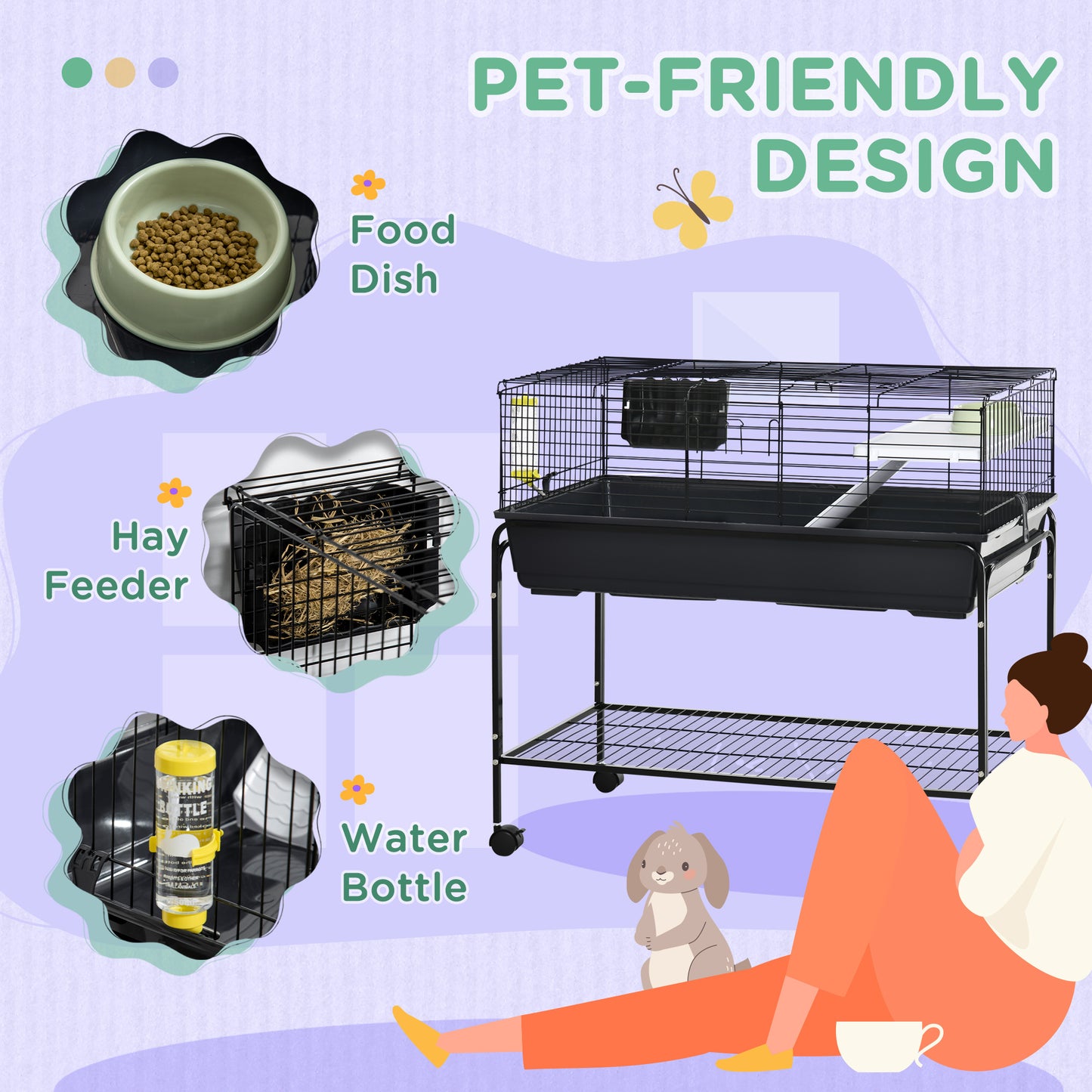 Small Animal Cage with Removable Stand, Wheels & Shelf for Guinea Pig, Hedgehog & Ferret - 39x20.5x36.5 Inches, Grey