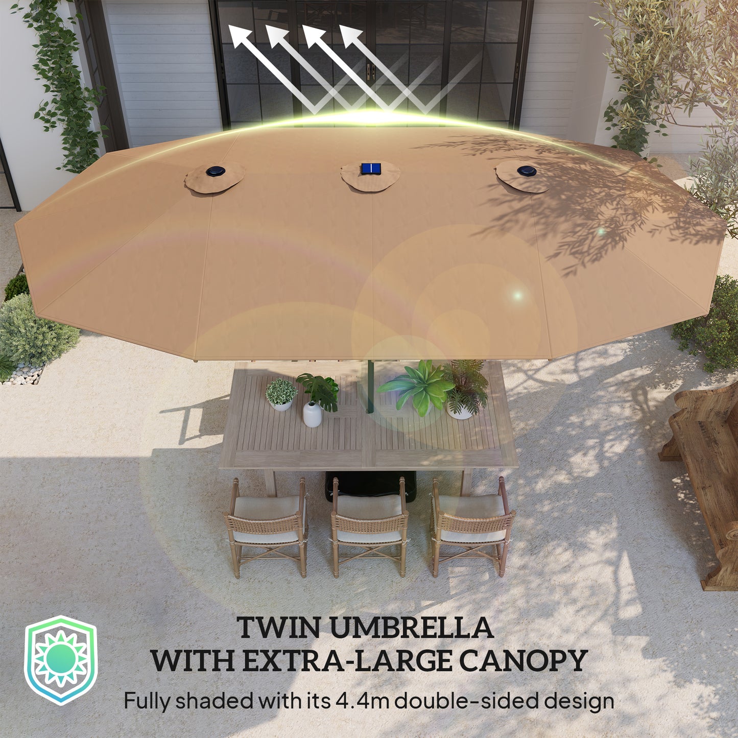 14.4 ft Double-Sided Garden Parasol with LED Solar Lights - Khaki