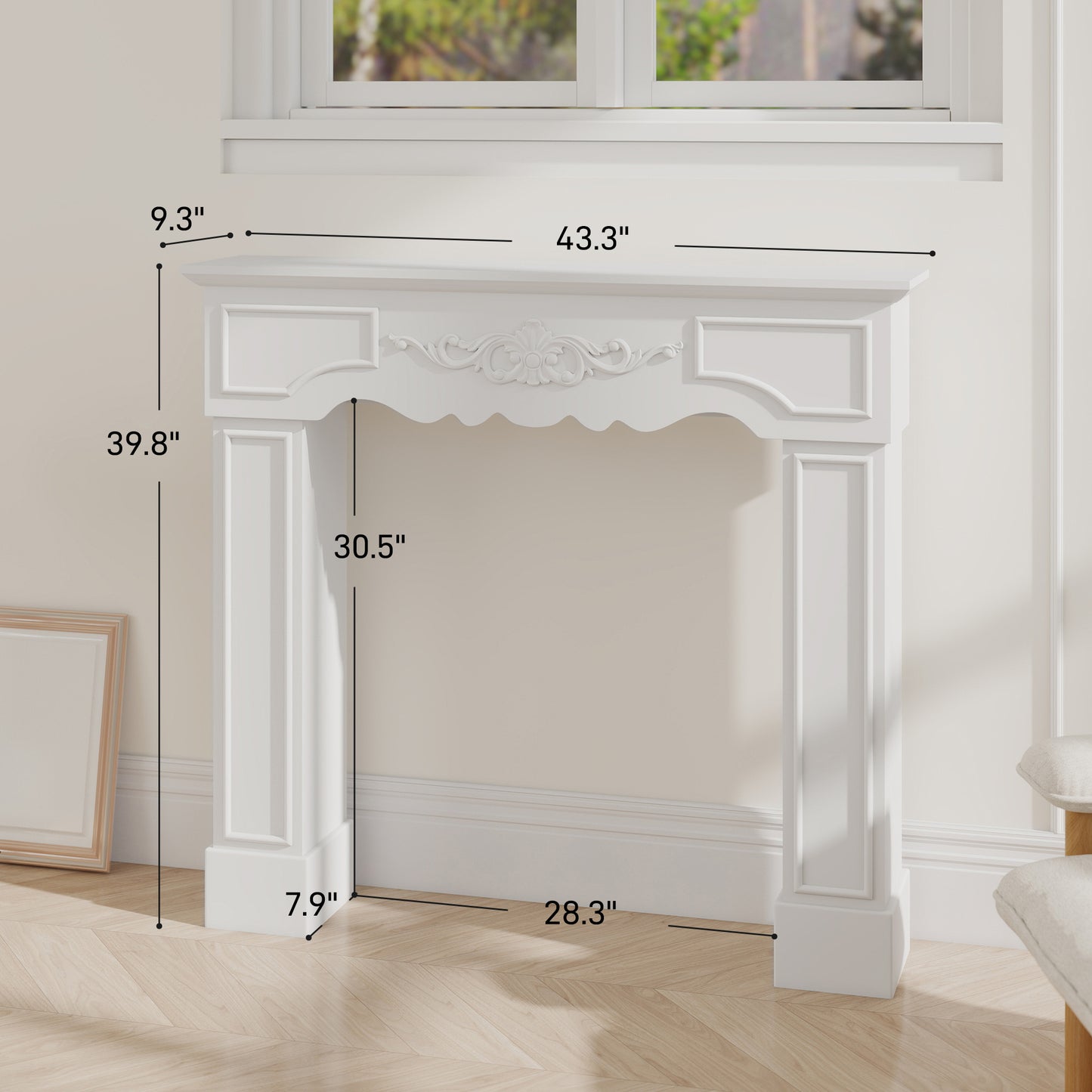 White Baroque Fireplace Mantel Surround for Electric Fireplaces - 43.3 Inch Wide