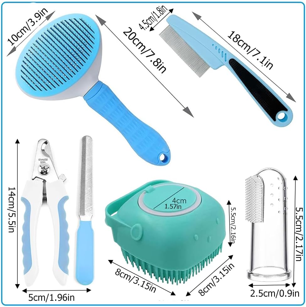Pet Grooming Kit 7Pcs Self-Cleaning Brush Nail Clipper Flea Comb Shampoo