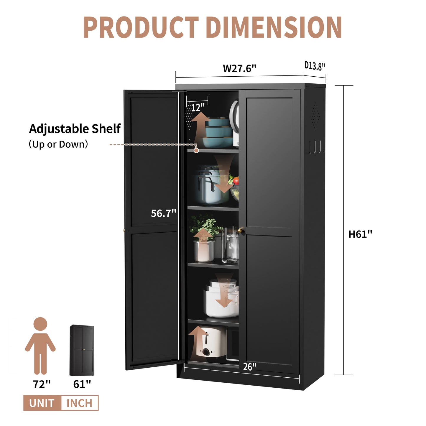 61 Black Metal Kitchen Pantry Cabinet Adjustable Storage With 4
