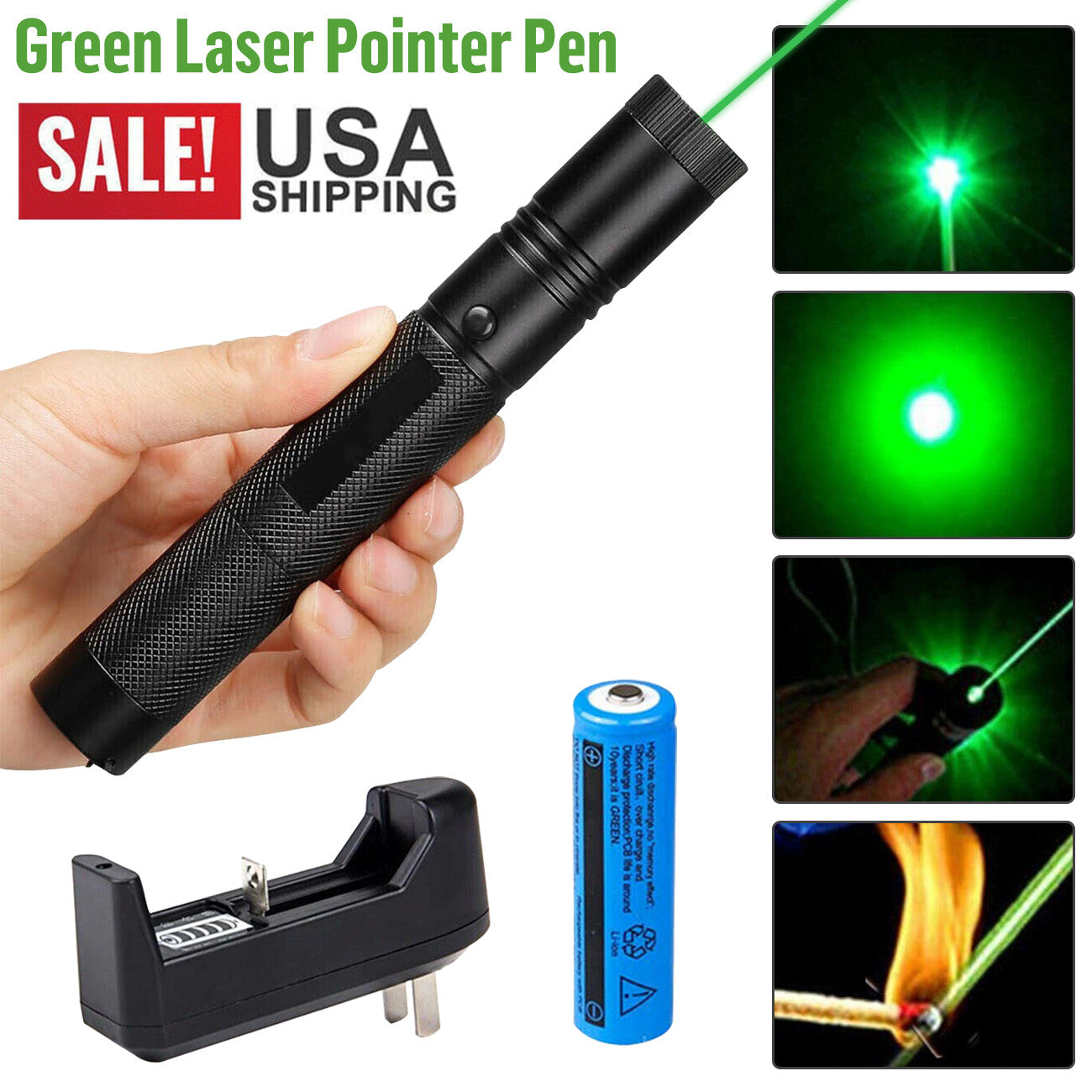 Strong Green Laser Pointer Pen Light 532nm USB Rechargeable Torch 2 Pack