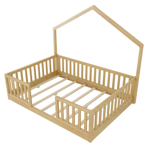 Full Montessori Floor Bed with High Rails & LED Light - Natural