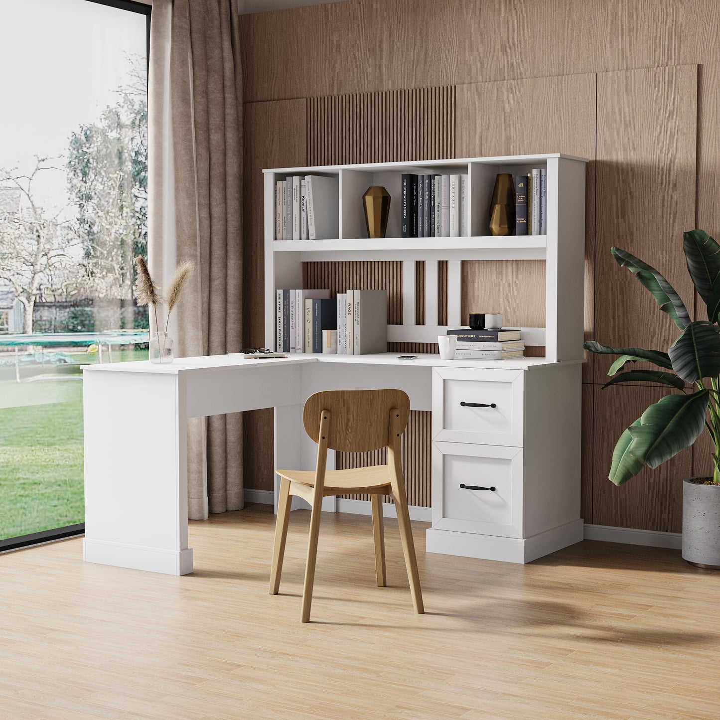 Home Office Computer Desk with Hutch - Antiqued White