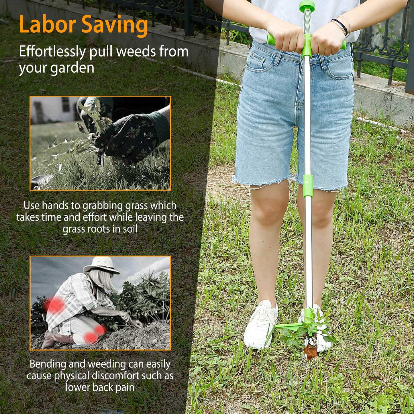 Garden Weeding Tool Stand-Up Root Remover with Long Handle and Foot Pedal - Green