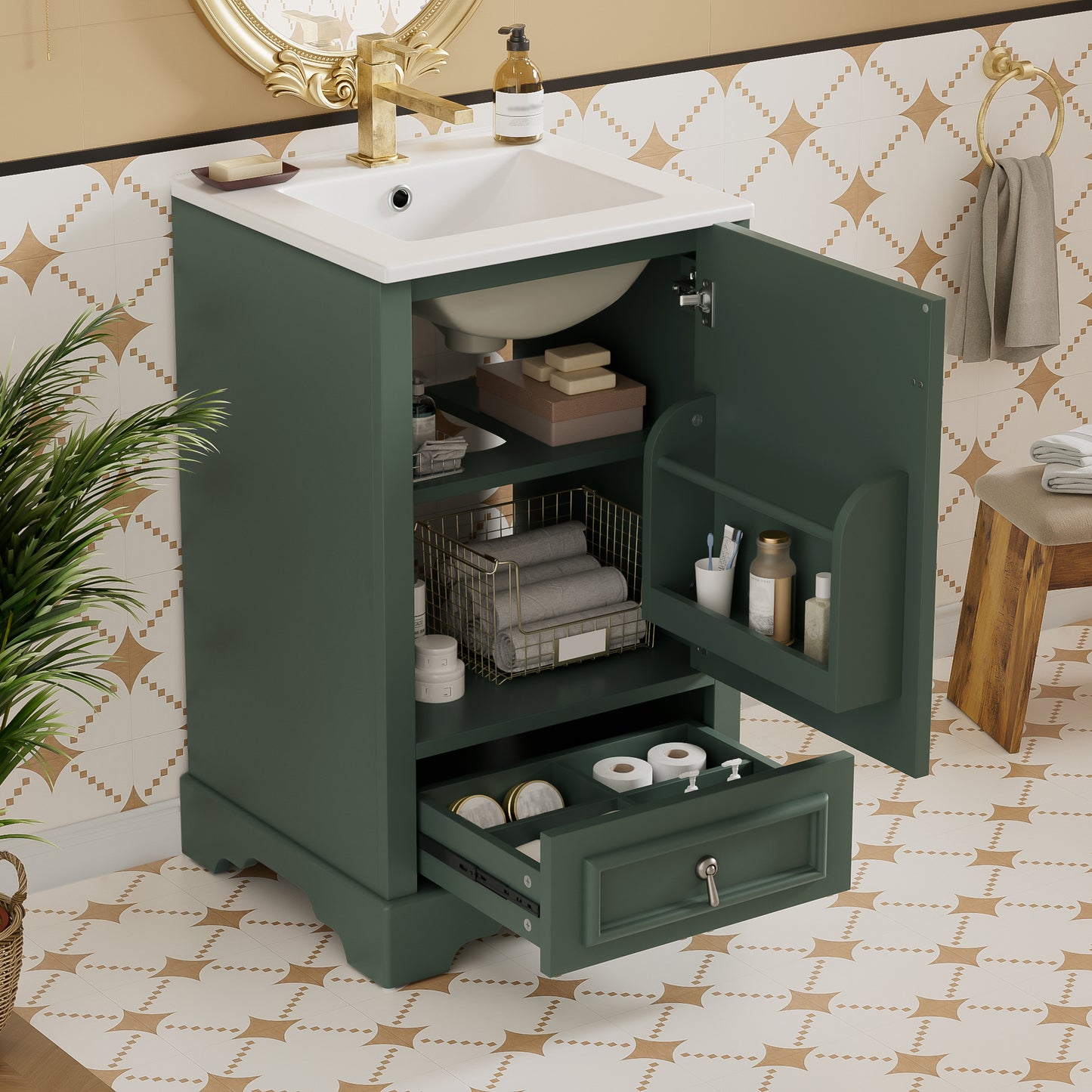 20 Inch Bathroom Vanity with Ceramic Sink and Soft Close Door - Green