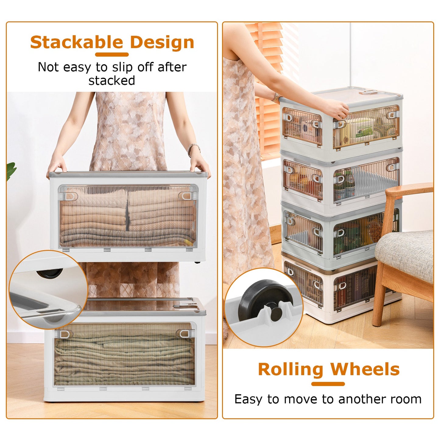 1Pc 70QT 66L Foldable Storage Bins With Lid 4 Doors Collapsible