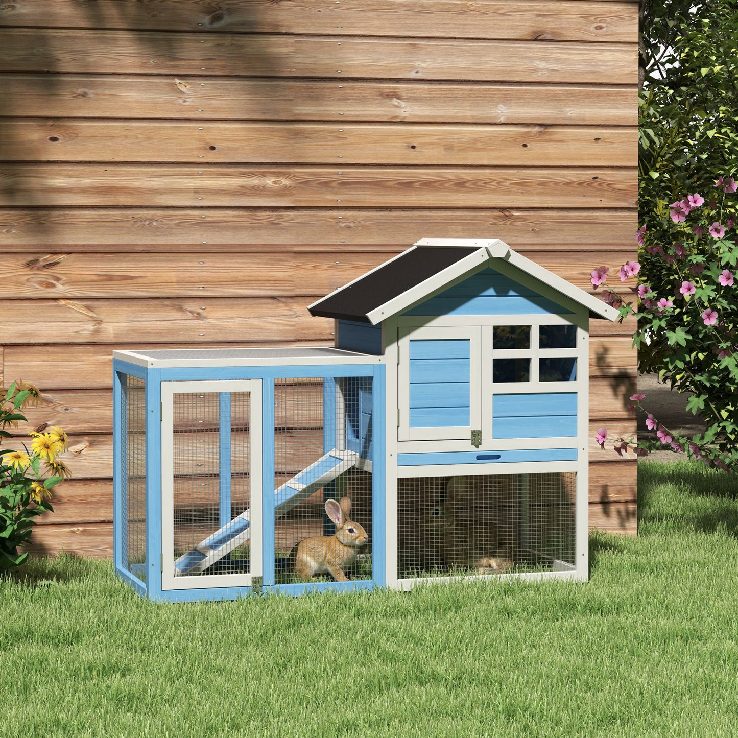 48-Inch Wooden Rabbit Hutch with Waterproof Asphalt Roof & Removable Tray - Light Blue