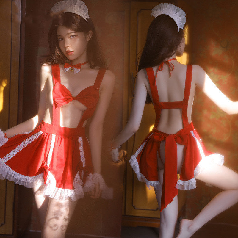 Lolita Maid Costume Set with Lace Up Apron and Accessories – One Size, Black or Red