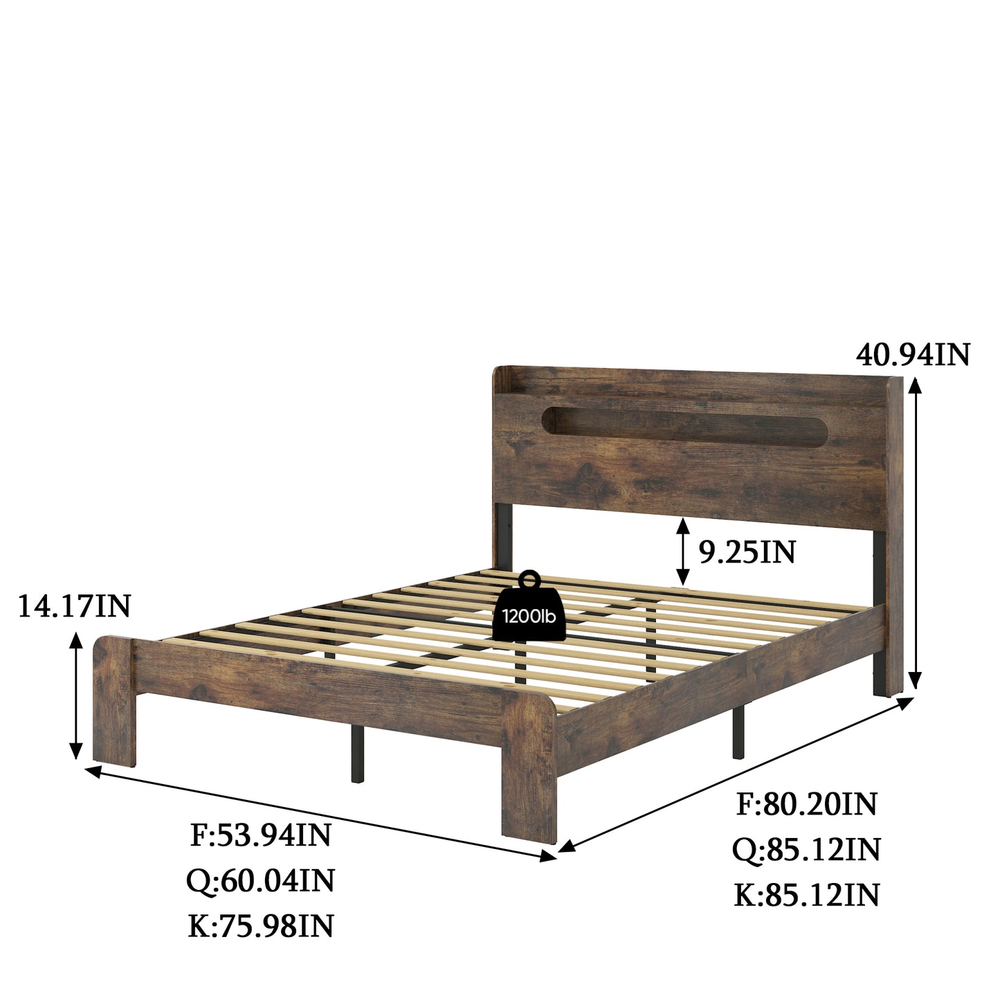 Full Wood Bed Frame with LED Headboard & USB Charging, Dark Brown