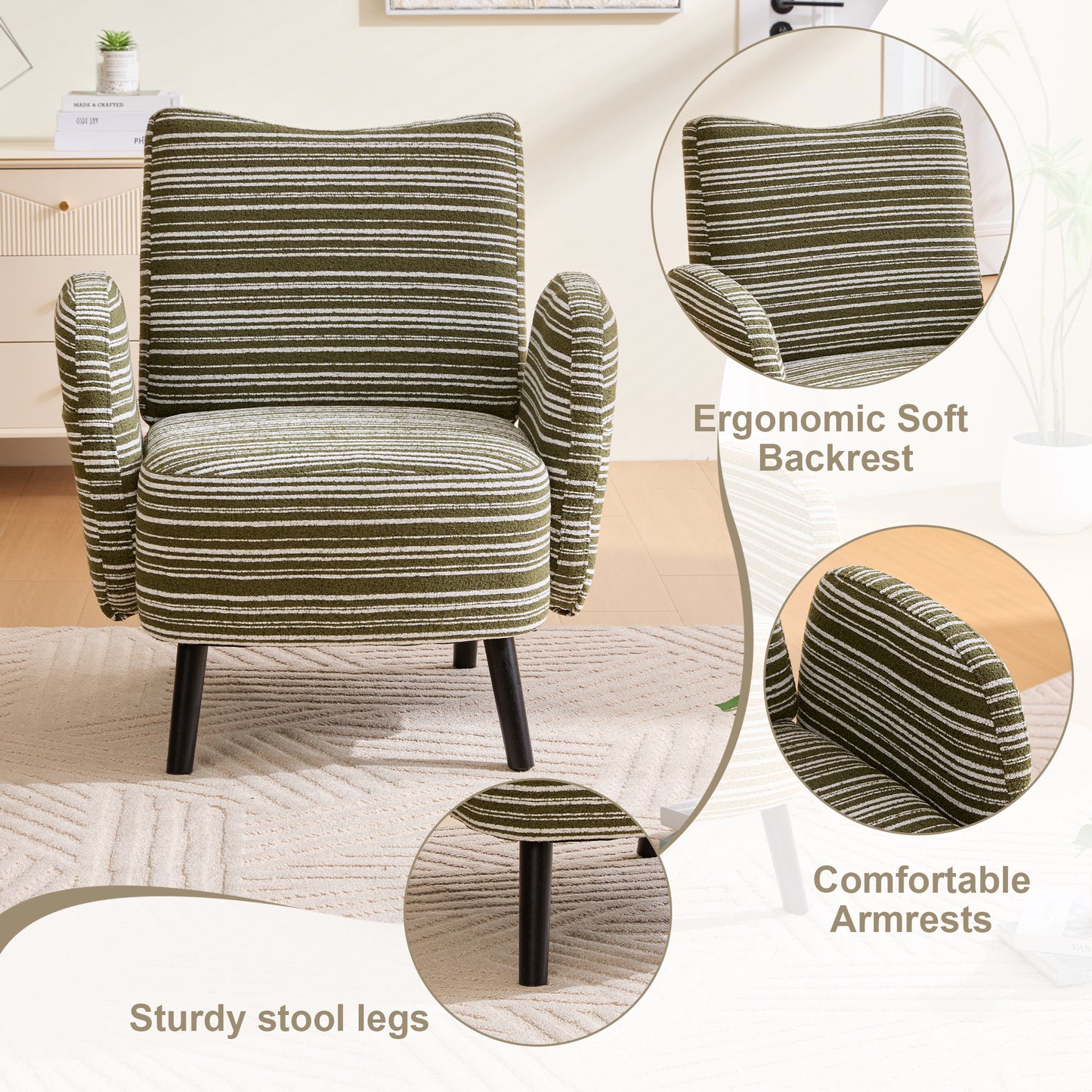 Modern Armchair with Side Pocket - Olive Green Reading Chair