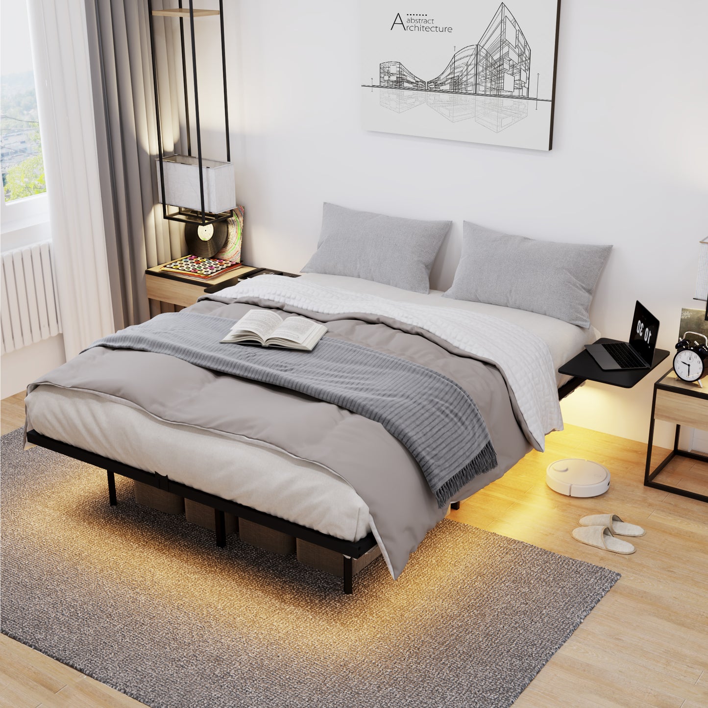 Queen Size Heavy Duty Metal Bed Frame with LED Light - Black