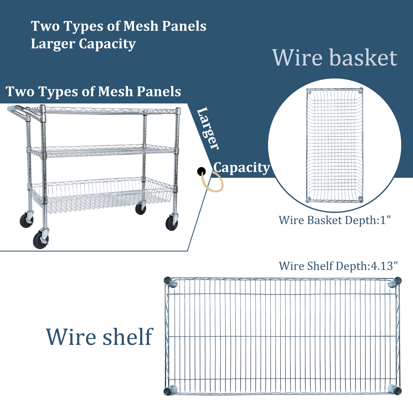 Heavy Duty 3-Tier Rolling Utility Cart with Handle and Shelves - Chrome