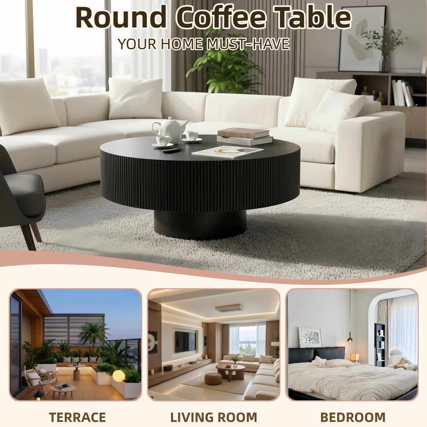 Round Coffee Table, Fluted Table With Sturdy Pedestal, Mid Century