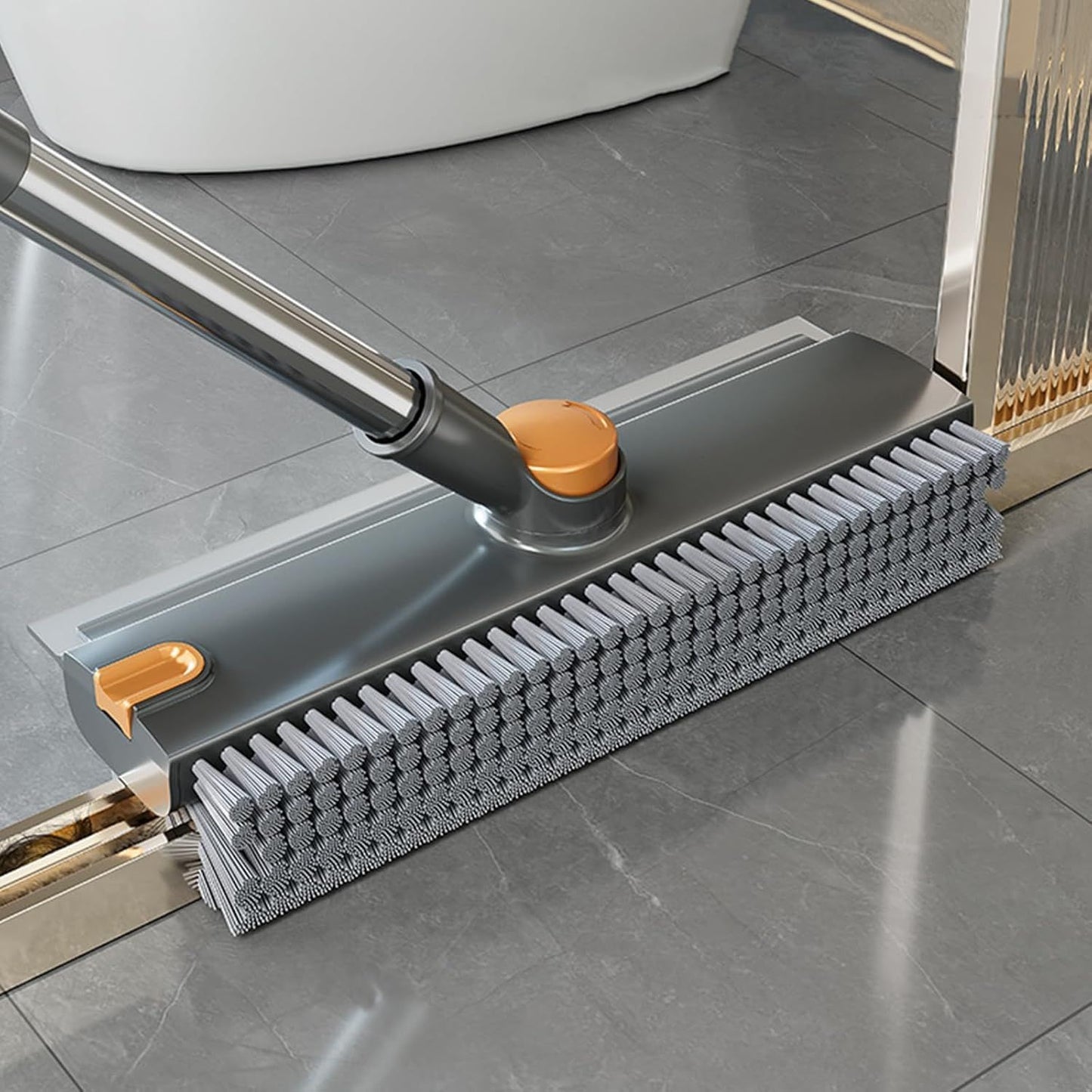 Heavy Duty Floor Scrub Brush with Long Adjustable Handle and Stiff Bristles - Grey & Black