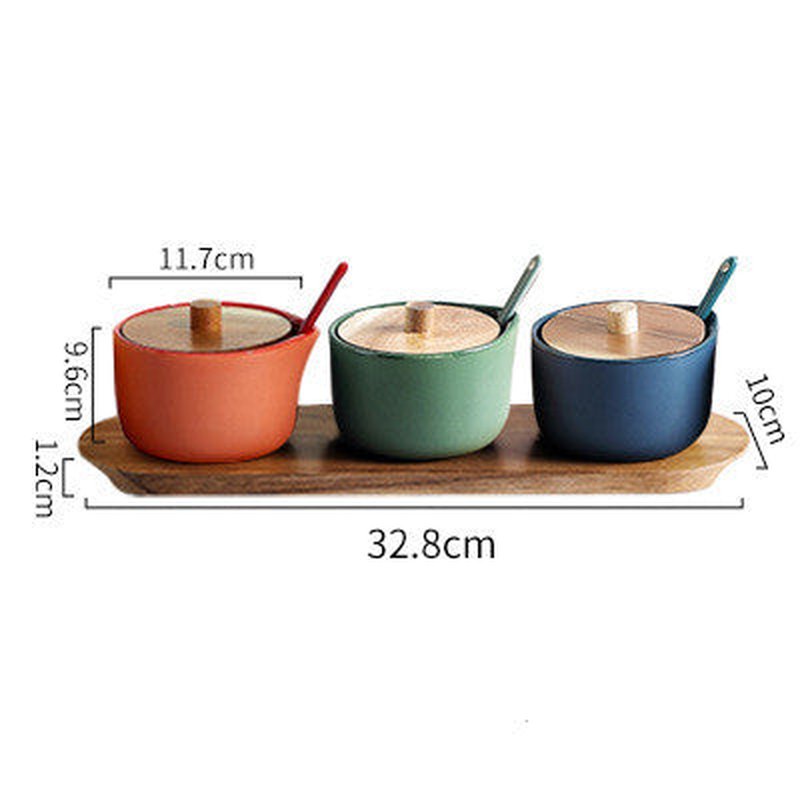 Ceramic Seasoning Jar Set with Wooden Lids and Spoons - Multiple Styles