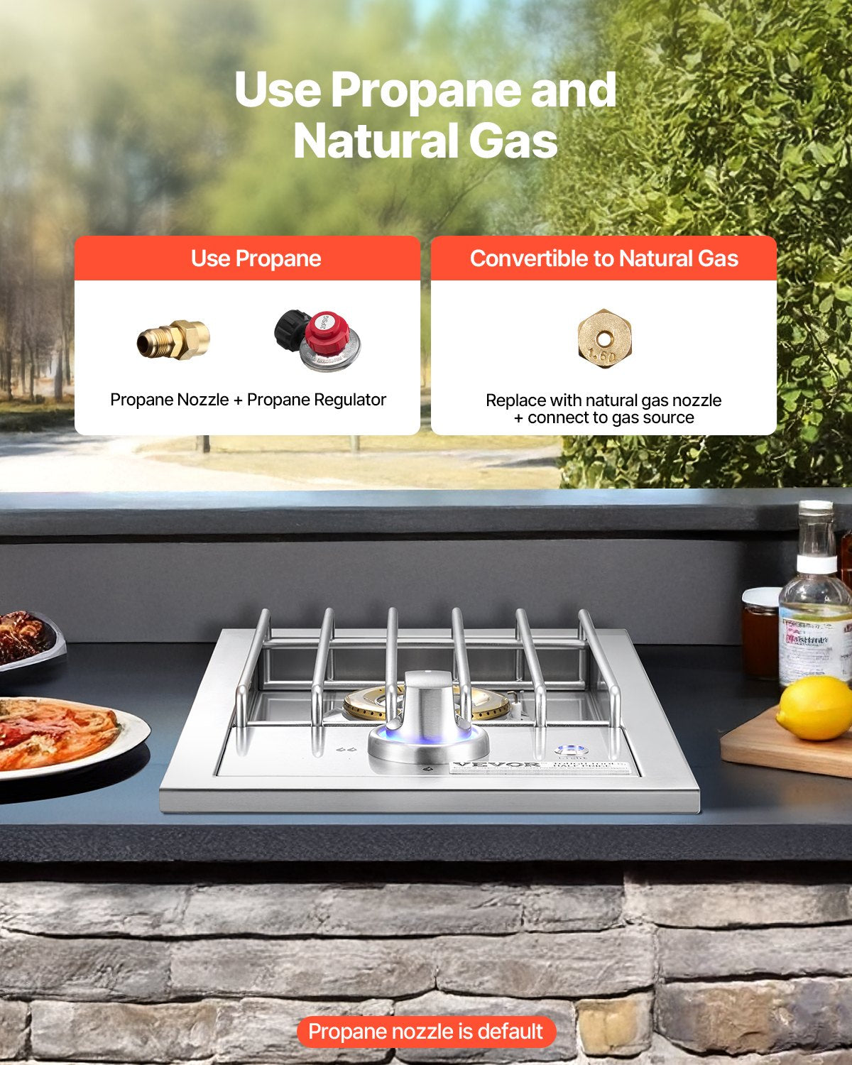 Outdoor Single Gas Side Burner 17,000BTU Propane & Natural Gas - Stainless Steel