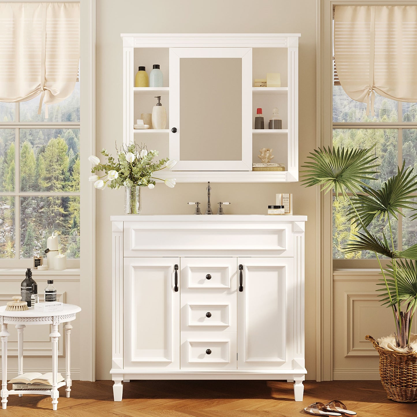 36'' Modern Bathroom Vanity with Sink & Mirror Cabinet - White
