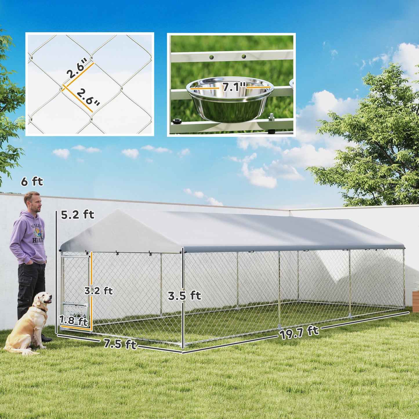 Outdoor Dog Kennel with Adjustable Bowl Rack - Waterproof Cover